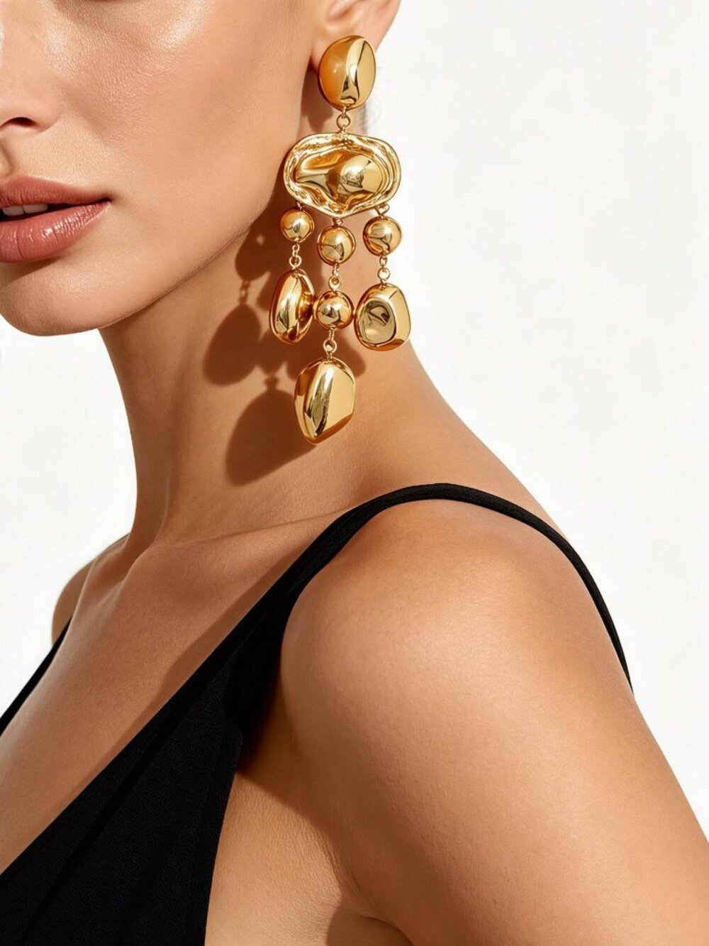 Yellow Gold Elegant Women's Baroque Asymmetrical Water Drop Tassel Earrings
